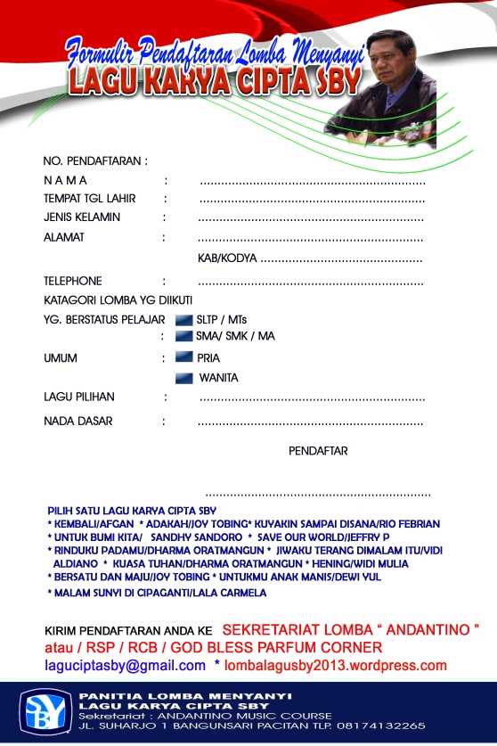 formulir pendaftaran lomba menyanyi lagu karya cipta SBY 2013